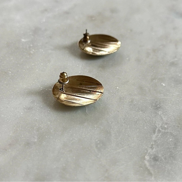 Vintage 80s Earrings Gold Tone Teal Enamel Large Round Disc Studs Statement - Picture 7 of 8